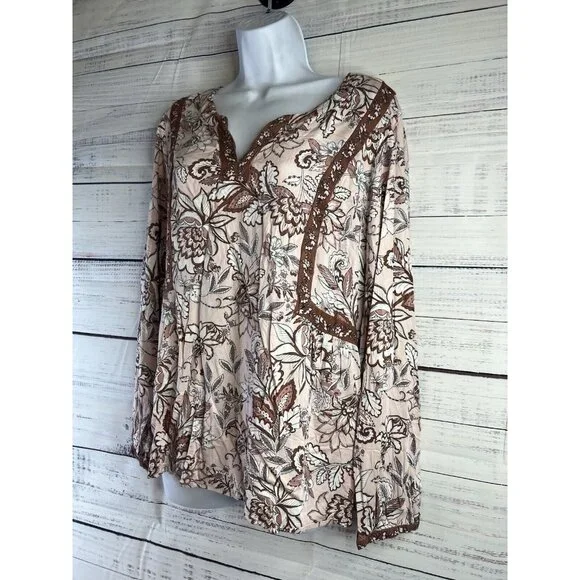 J Jill Women's L Tunic Blouse Long Sleeve Lace Floral Split V-Neck Pink/Brown - Picture 3 of 11